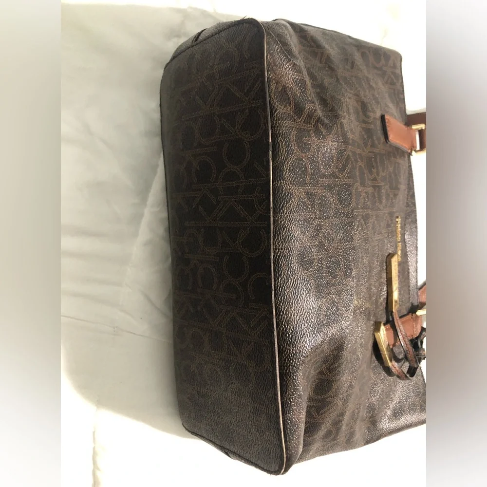 Calvin Klein Dark Brown Monogram Tote with Dual Straps